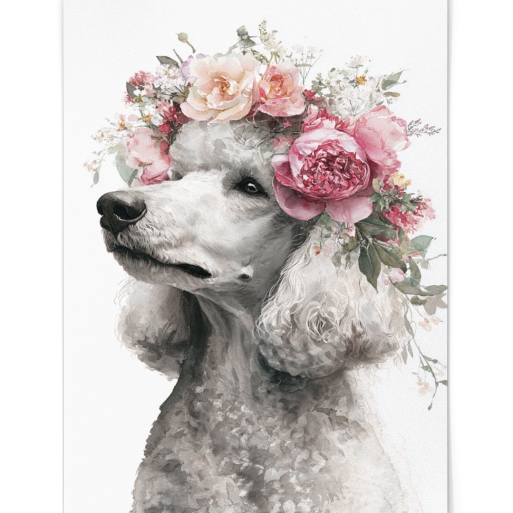 Watercolor Standard White Poodle with Flower Crown Wall Art Print, Unframed - Picture 2 of 7